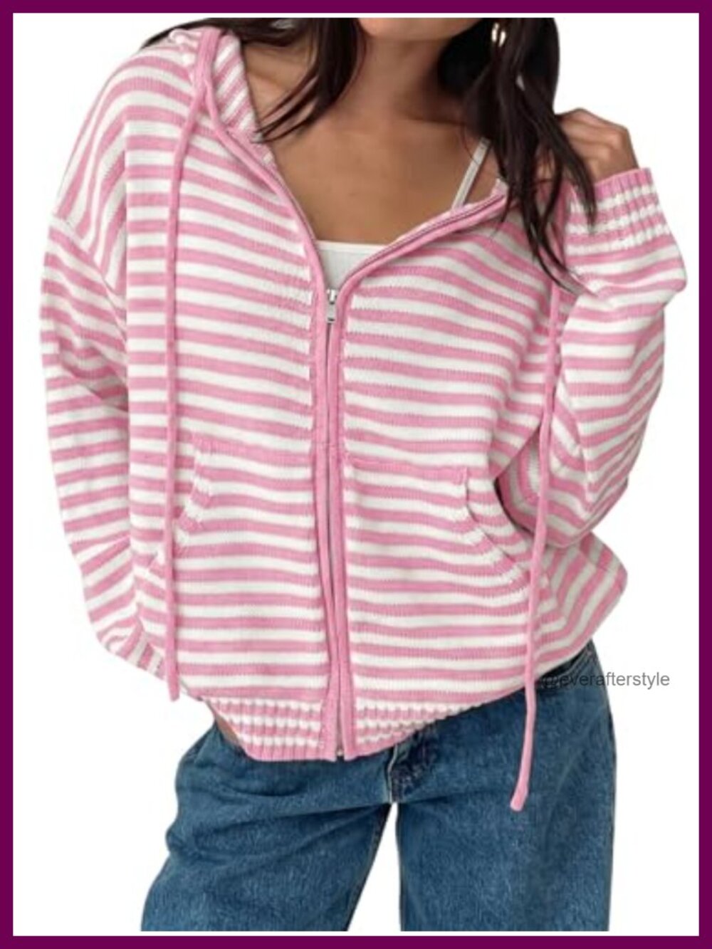 Striped Zip Hoodie Cardigan Oversized Crop Sweater Y2K Drop Shoulder